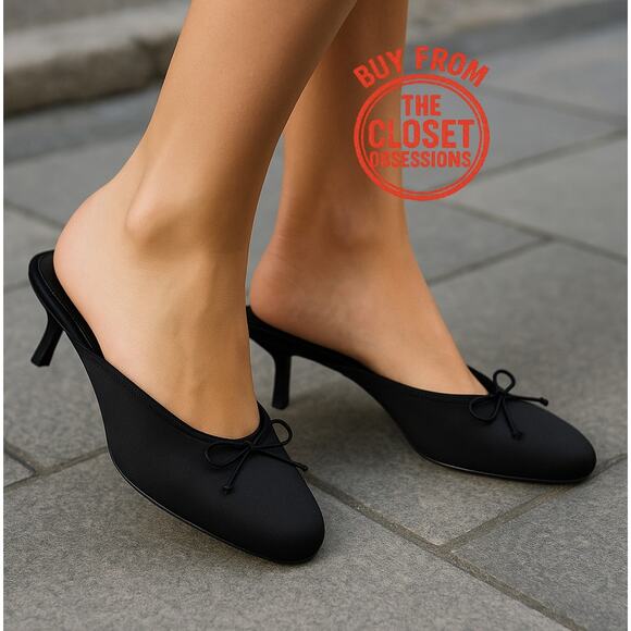 ZARA Embellished Bow Detail Mules NWT – Black Satin Heeled Slides, Sz 7.5 - Picture 1 of 16